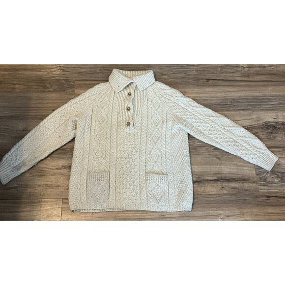 Vintage Gene of Donegal Irish Fisherman Sweater Cream Cable Knit Wool M Womans - Picture 1 of 9